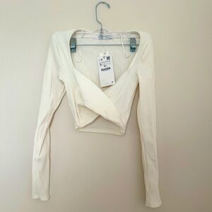 NWT Zara Long sleeved wrap top with V-neck | Oyster White | Size S